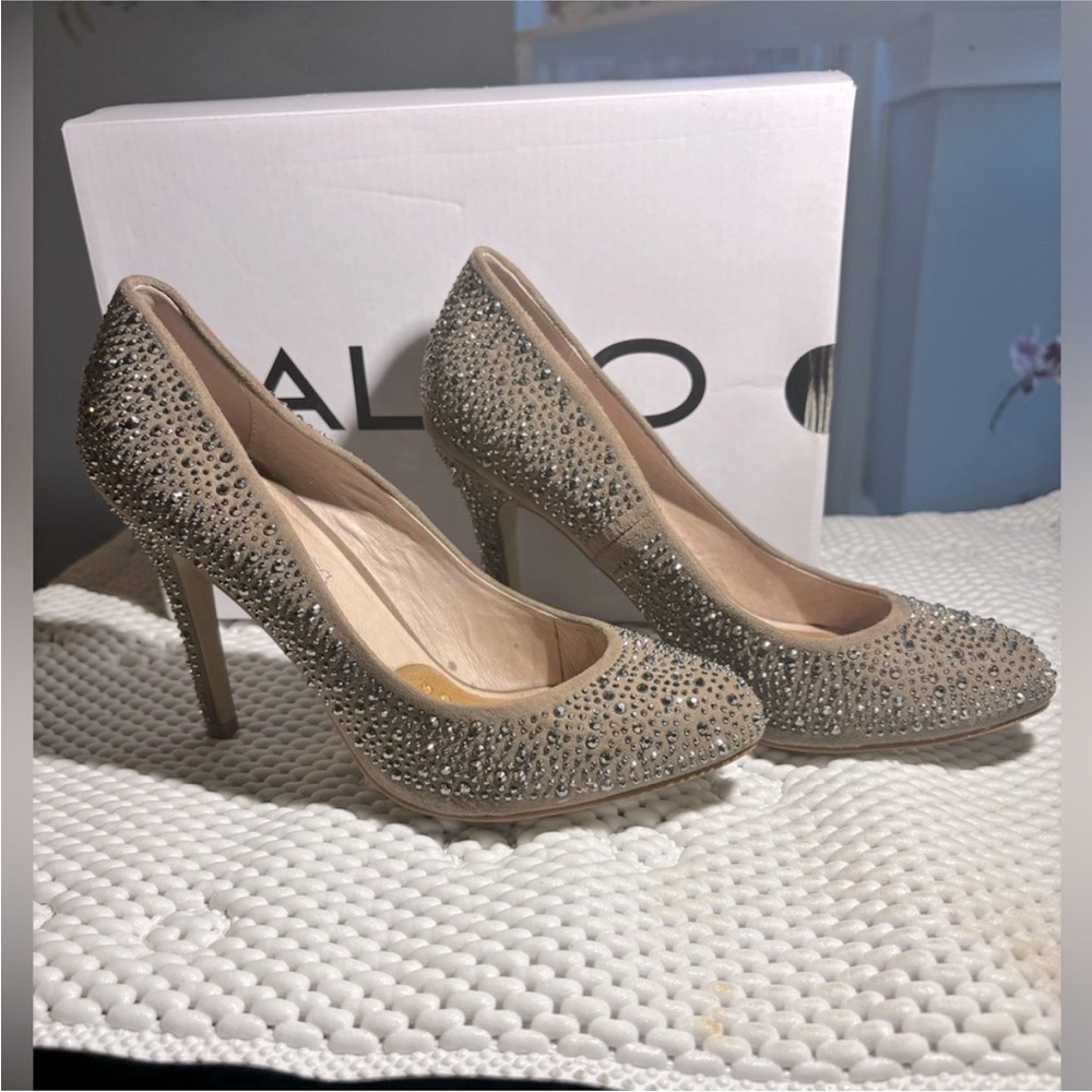 Aldo Womens Dark Tan Crystal Studded Embellished High Heel Closed Toe Pumps Sz 8